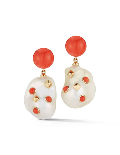 Red Coral & Baroque Pearl Lisbon Drop Earrings